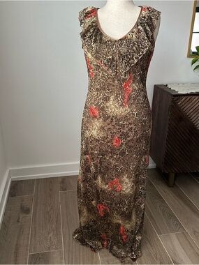 Vintage Ronni Nicole Brown Crinkle  Maxi Dress with Red Floral Accents